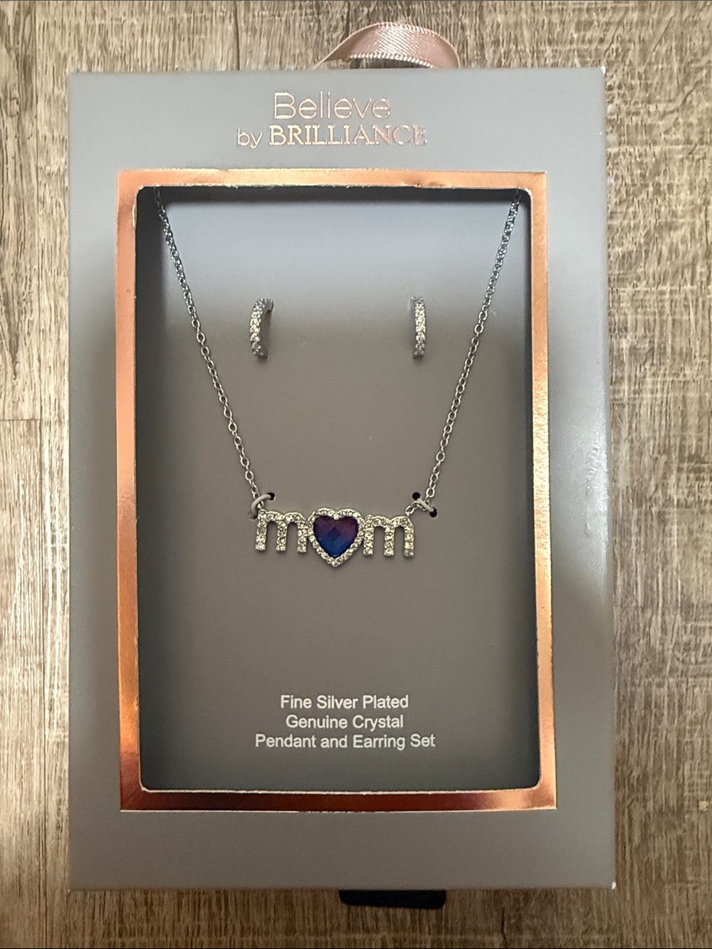 Silver-Plated 'Mom' Heart Necklace & Earring Set - Blue/Purple